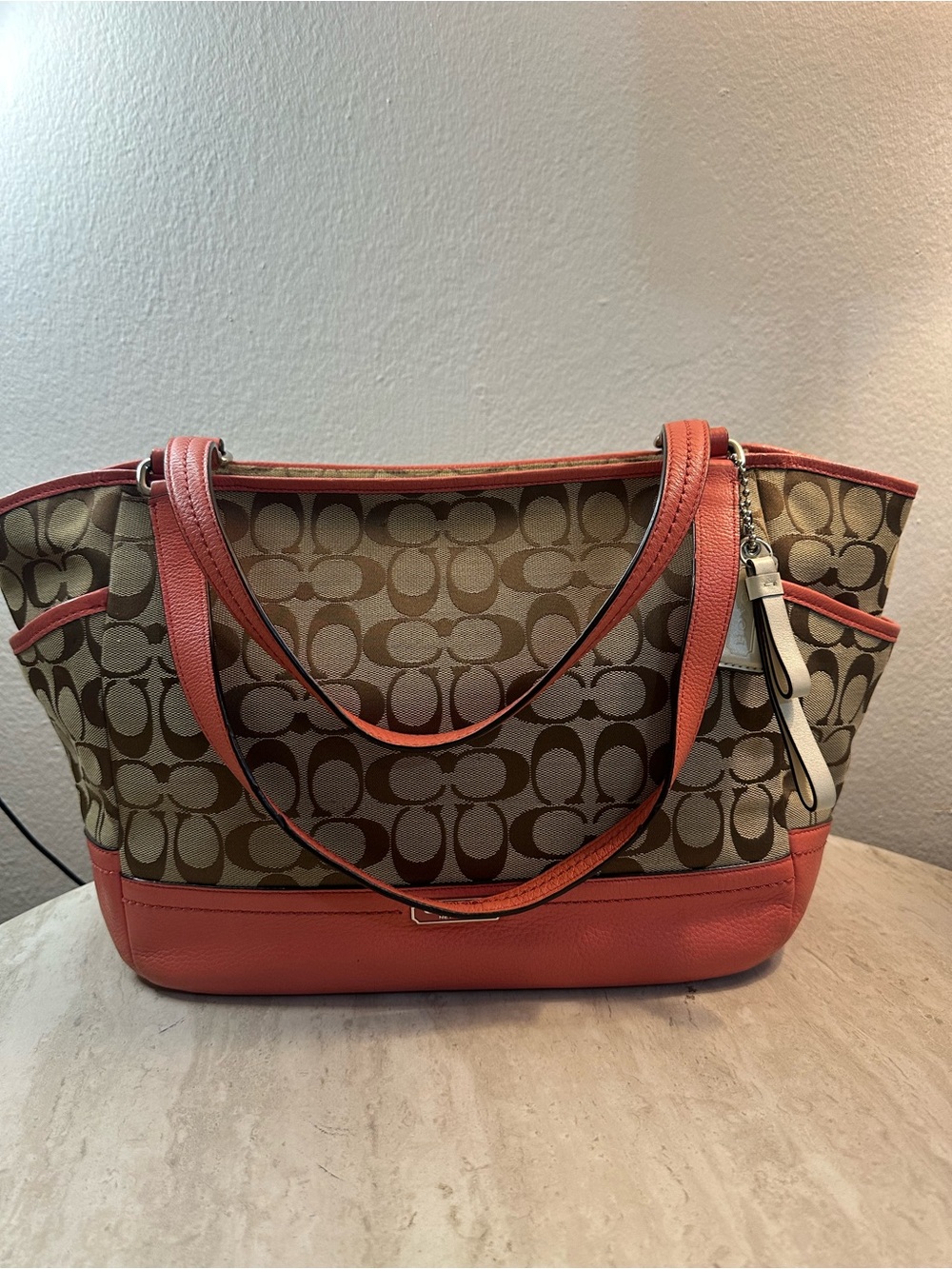 Coach Brown Signature Canvas Tote with Coral Trim